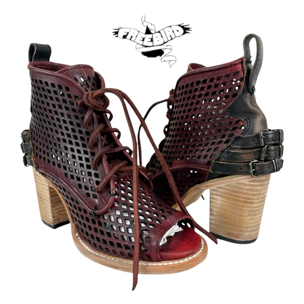 Freebird Women 8 Benni Wine Lace Up Peep Toe Block Heel Leather Sandals‎